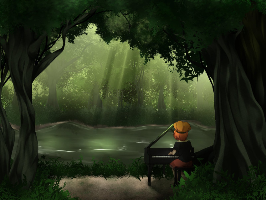 1girl bakura_ba_etc black_shirt commentary_request cookie_(touhou) day forest full_body grass hecatia_lapislazuli highres instrument ktgijgkgdusimn_(cookie) music nature outdoors piano playing_instrument playing_piano red_skirt redhead river scenery shirt short_hair sitting skirt solo sunlight touhou tree water