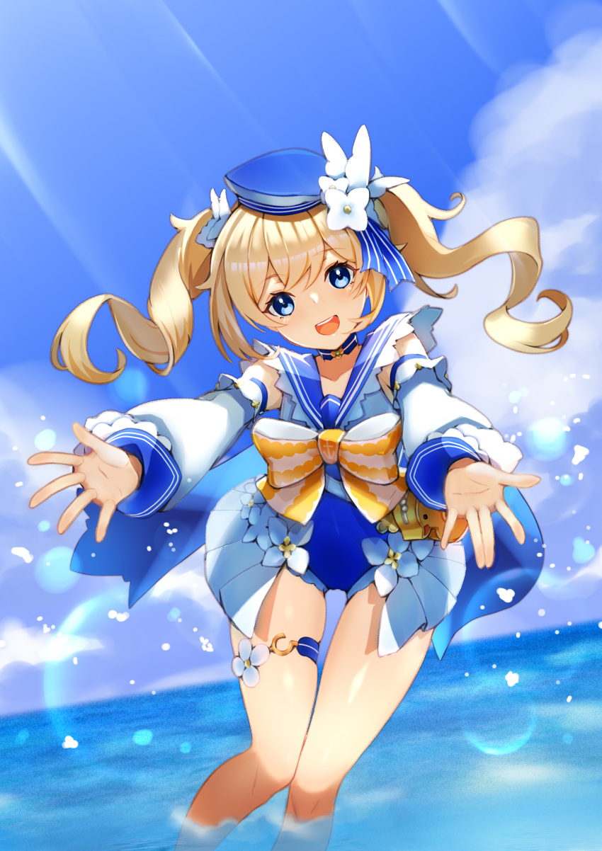 1girl barbara_pegg bare_shoulders beach blonde_hair blue_eyes bow bowtie choker clouds cloudy_sky detached_sleeves flower genshin_impact hair_flower hair_ornament hat highres long_sleeves looking_at_viewer ocean one-piece_swimsuit open_mouth outstretched_arms partially_submerged sailor_hat sky smile splashing swimsuit thigh_strap twintails tyenka7728