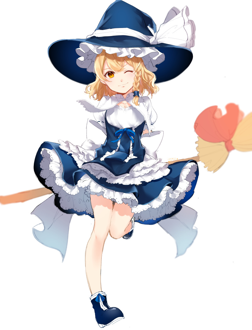 1girl absurdres bangs blonde_hair blue_bow blue_dress blue_footwear blue_headwear boots bow braid broom closed_mouth dress eyebrows_visible_through_hair frills hat hat_bow highres jill_07km kirisame_marisa leg_up looking_at_viewer one_eye_closed puffy_short_sleeves puffy_sleeves short_hair short_sleeves simple_background single_braid smile solo standing touhou white_background white_bow white_sleeves witch_hat yellow_eyes