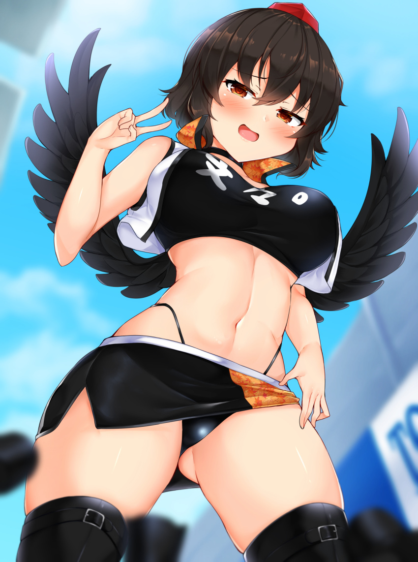 1girl :d ass_visible_through_thighs bangs bird_wings black_hair black_panties black_skirt black_sports_bra black_wings blue_sky blurry blurry_background blurry_foreground breasts building clothes_writing clouds cowboy_shot eyebrows_visible_through_hair from_below hat highres looking_at_viewer medium_breasts navel open_mouth outdoors panties red_eyes red_headwear shameimaru_aya short_hair skirt sky smile solo sports_bra standing tokin_hat tokoya_(ex-hetare) touhou underwear v vest white_vest wings