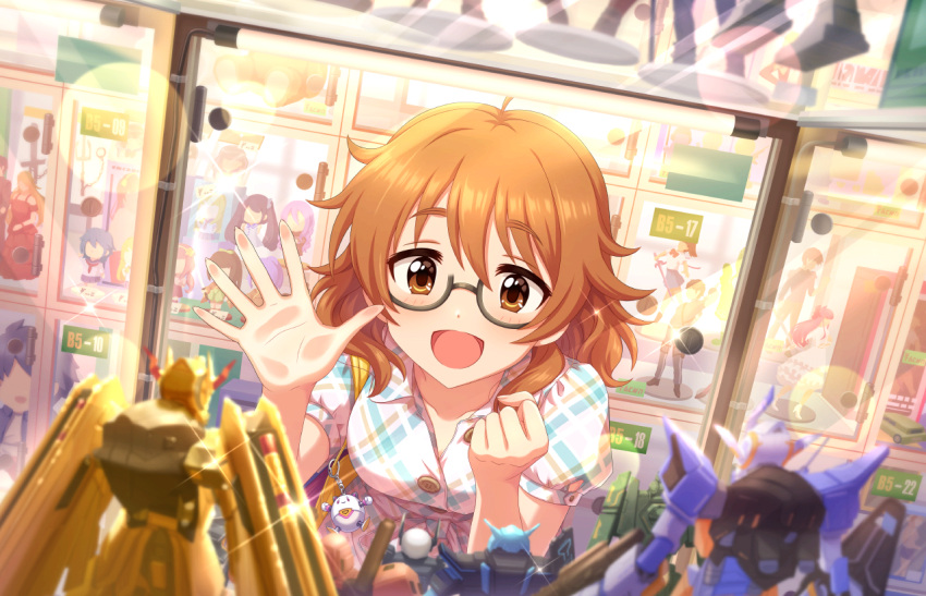 araki_hina blush brown_eyes brown_hair dress glasses idolmaster_cinderella_girls_starlight_stage short_hair smile