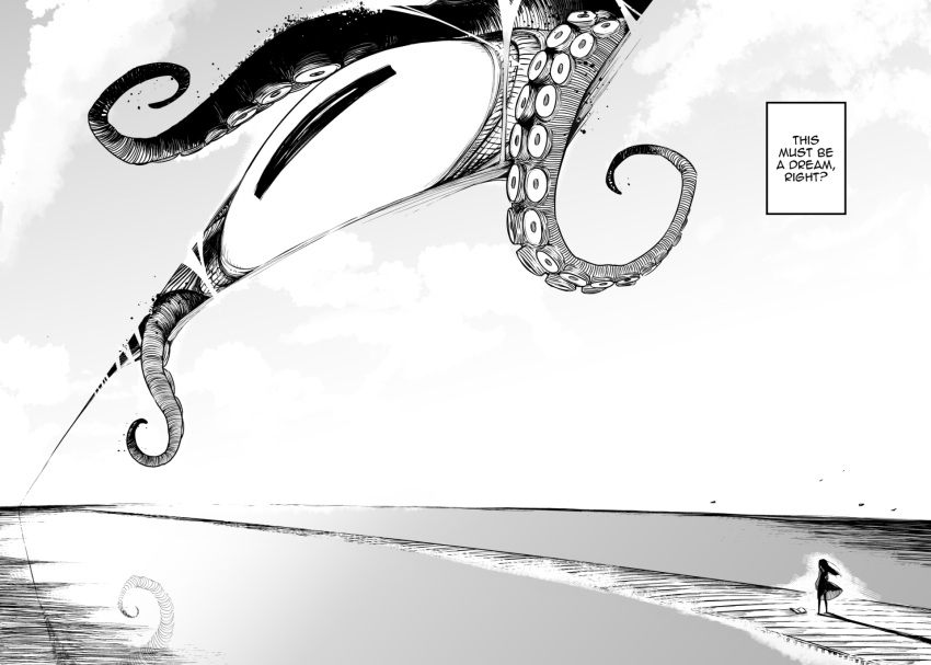 1girl angry_num book clear_sky clouds doujinshi english_text eyes greyscale highres hololive holomyth lying monochrome ninomae_ina'nis octopus on_back outdoors reflection single_eye sky tearing_up tentacles