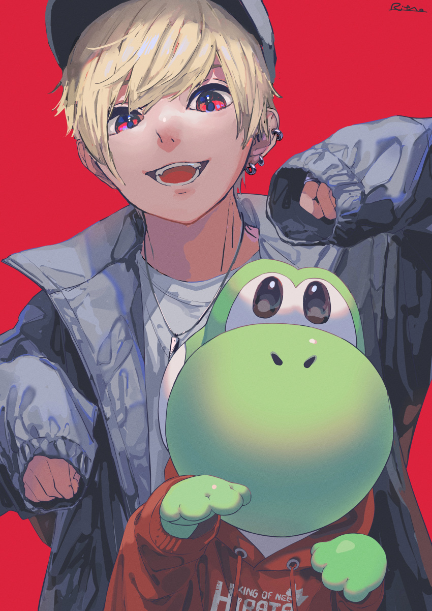 1boy absurdres blonde_hair ear_piercing grey_jacket grey_shirt hat highres huge_filesize jacket jewelry looking_at_viewer male_focus super_mario_bros. necklace open_mouth original piercing red_background red_eyes ritao_kamo shirt short_hair signature simple_background sleeves_past_fingers sleeves_past_wrists smile yoshi