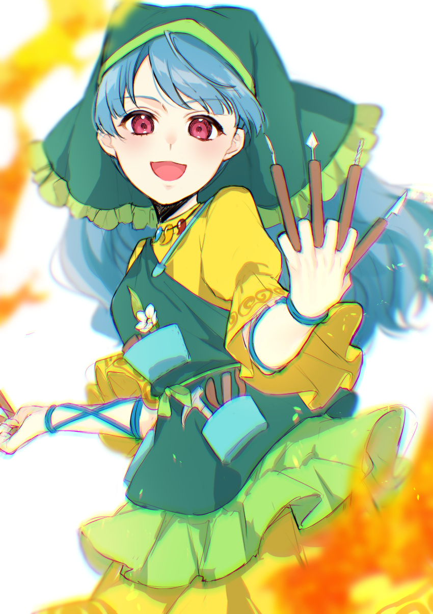 1girl apron arm_ribbon bangs between_fingers blue_hair blue_ribbon brush dress eyebrows_visible_through_hair fire flower green_apron green_headwear hands_up haniyasushin_keiki highres holding jill_07km long_hair long_sleeves looking_at_viewer open_mouth pink_eyes pocket ribbon simple_background smile solo standing touhou white_background white_flower yellow_dress yellow_sleeves