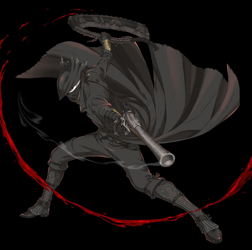 1boy arizuka_(catacombe) bloodborne boots cloak coat gloves gun hat highres holding holding_weapon hunter_(bloodborne) male_focus mask mouth_mask saw_cleaver short_hair solo standing tricorne weapon