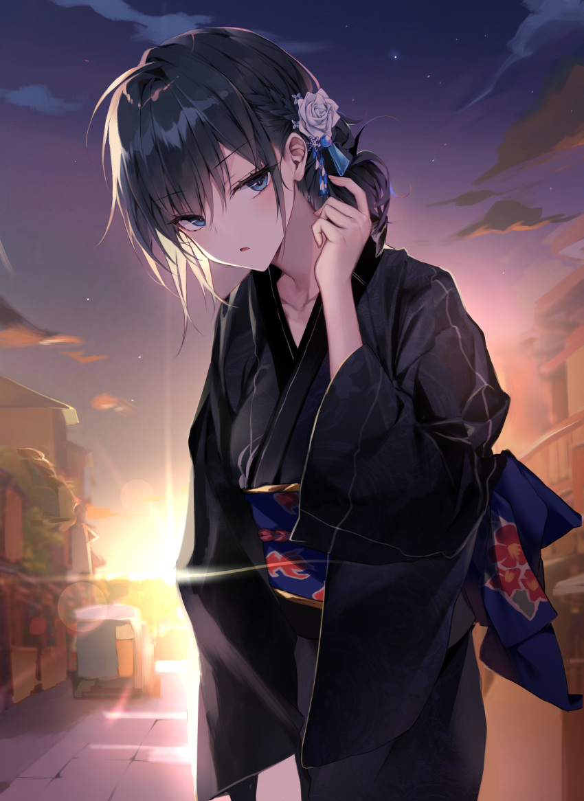 1girl absurdres bangs bara_(03_bara_) black_hair black_kimono blue_eyes blush building clouds flower hair_bun hair_flower hair_ornament hand_up head_tilt highres japanese_clothes kimono long_hair looking_at_viewer obi open_mouth original outdoors road sash sky solo standing star_(sky) street sunset white_flower yokoyama_ishimi