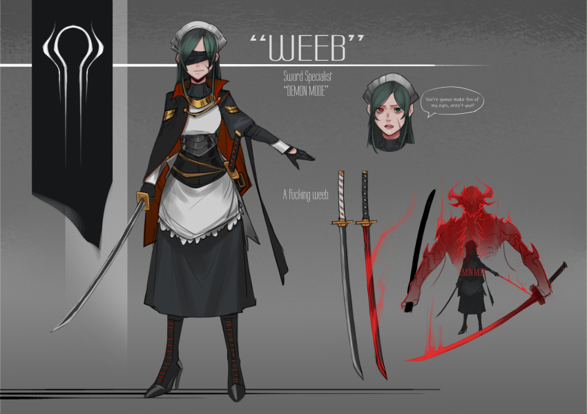1girl absurdres aura blindfold english_commentary english_text gloves green_eyes green_hair heterochromia high_heels highres holding holding_sword holding_weapon katana less long_hair long_sleeves looking_at_viewer maid maid_headdress multiple_views open_mouth original profanity red_eyes scar scar_on_cheek scar_on_face sheath sheathed speech_bubble sword teeth tongue weapon