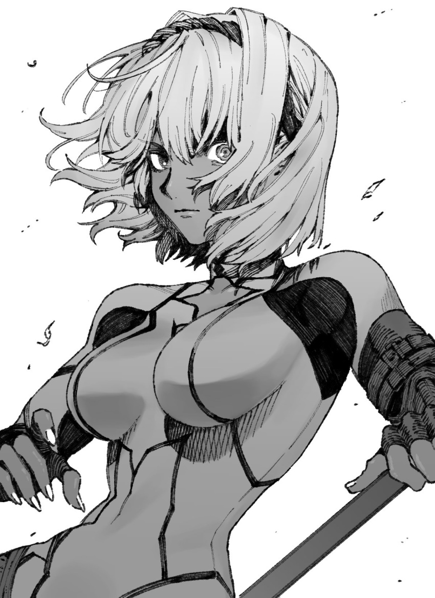 1girl bangs body_markings breasts caenis_(fate) chouonsoku-jiisan closed_mouth fate/grand_order fate_(series) fingerless_gloves gloves greyscale hair_between_eyes hairband highres holding large_breasts looking_at_viewer monochrome short_hair simple_background solo upper_body