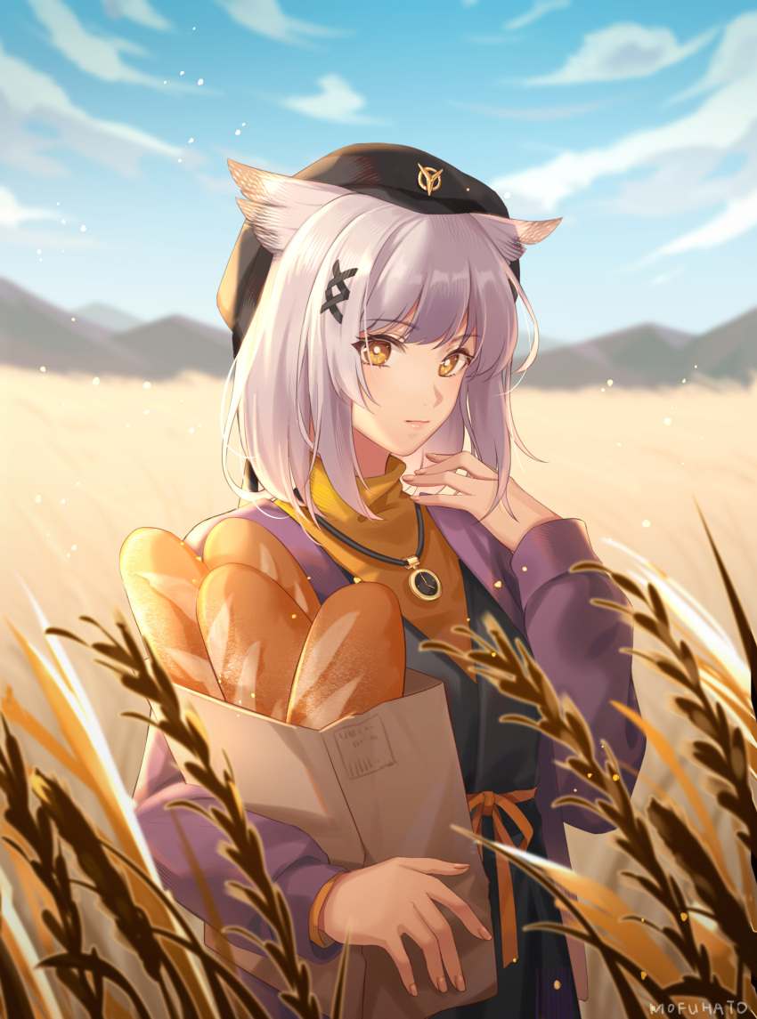 1girl absurdres arknights bag baguette bangs black_headwear blue_sky bread closed_mouth clouds cloudy_sky dated_commentary day eyebrows_visible_through_hair food hat highres holding holding_bag kuroka_tori long_sleeves looking_at_viewer mountainous_horizon official_alternate_costume outdoors owl_ears ptilopsis_(arknights) ptilopsis_(serenity)_(arknights) short_hair silver_hair sky solo upper_body watch wheat_field yellow_eyes