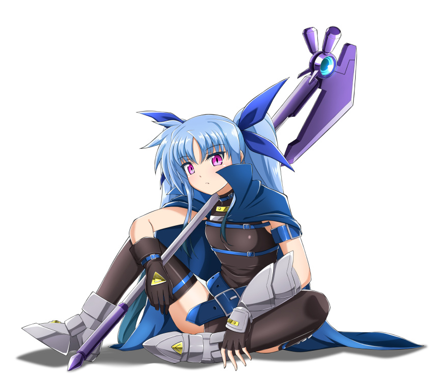 1girl arm_belt armored_boots asymmetrical_gloves bangs black_gloves black_legwear black_leotard blue_cape blue_hair boots cape closed_mouth eyebrows_visible_through_hair fingerless_gloves full_body gloves hair_between_eyes halberd highres holding holding_weapon leotard long_hair lyrical_nanoha mahou_shoujo_lyrical_nanoha mahou_shoujo_lyrical_nanoha_a's mahou_shoujo_lyrical_nanoha_a's_portable:_the_battle_of_aces material-l oshimaru026 polearm red_eyes shiny shiny_clothes shiny_hair shiny_legwear simple_background sitting solo thigh-highs twintails very_long_hair weapon white_background