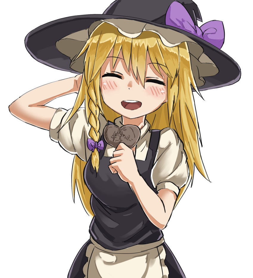 1girl apron bangs black_headwear black_skirt black_vest blonde_hair blush bow braid candy chocolate chocolate_heart closed_eyes commentary_request cookie_(touhou) cowboy_shot eyebrows_visible_through_hair food hair_between_eyes hair_bow hat hat_bow heart highres holding holding_chocolate holding_food kirisame_marisa long_hair nob1109 open_mouth puffy_short_sleeves puffy_sleeves purple_bow shirt short_sleeves side_braid simple_background single_braid skirt solo touhou uzuki_(cookie) vest waist_apron white_apron white_background white_shirt witch_hat