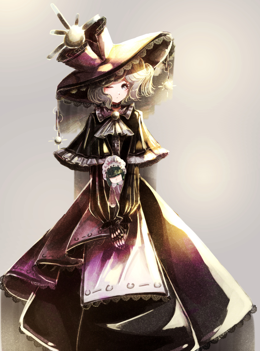 1girl absurdres black_cape cape closed_mouth collar doll dress green_hair grey_background grey_eyes grey_neckwear hands_together highres layla_prismriver looking_at_viewer merlin_prismriver one_eye_closed purple_collar purple_dress purple_headwear silver_hair solo standing touhou white_headwear