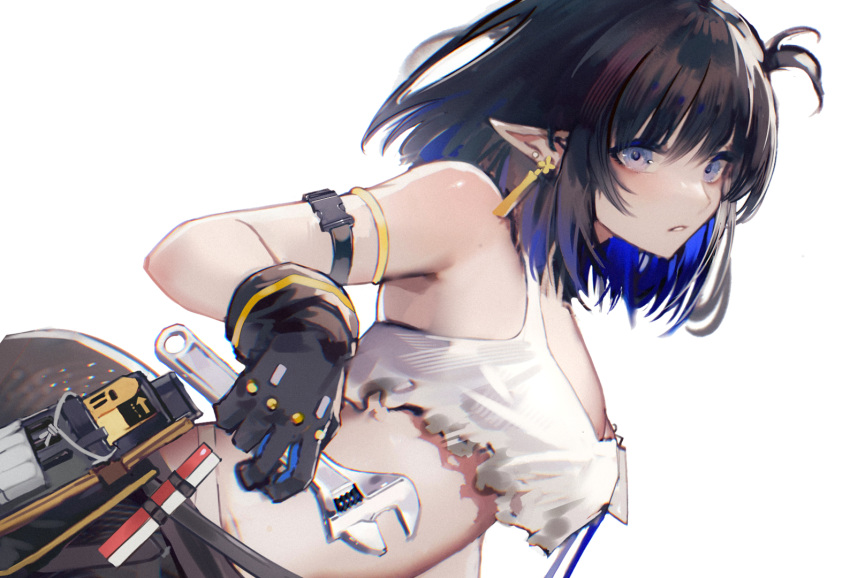 1girl arknights black_hair blue_eyes crop_top earrings eunectes_(arknights) eunectes_(forgemaster)_(arknights) gloves jewelry midriff pointy_ears shishui_mao white_background wrench