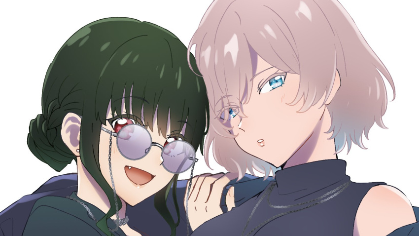 2girls anosillus_ii bare_shoulders black_hair black_shirt blue_eyes braid breasts brown_hair commentary_request earrings glasses gridman_universe highres jacket jewelry long_hair looking_at_viewer mujina multiple_girls necktie nikonishi open_mouth red_eyes shirt short_hair smile ssss.dynazenon upper_body