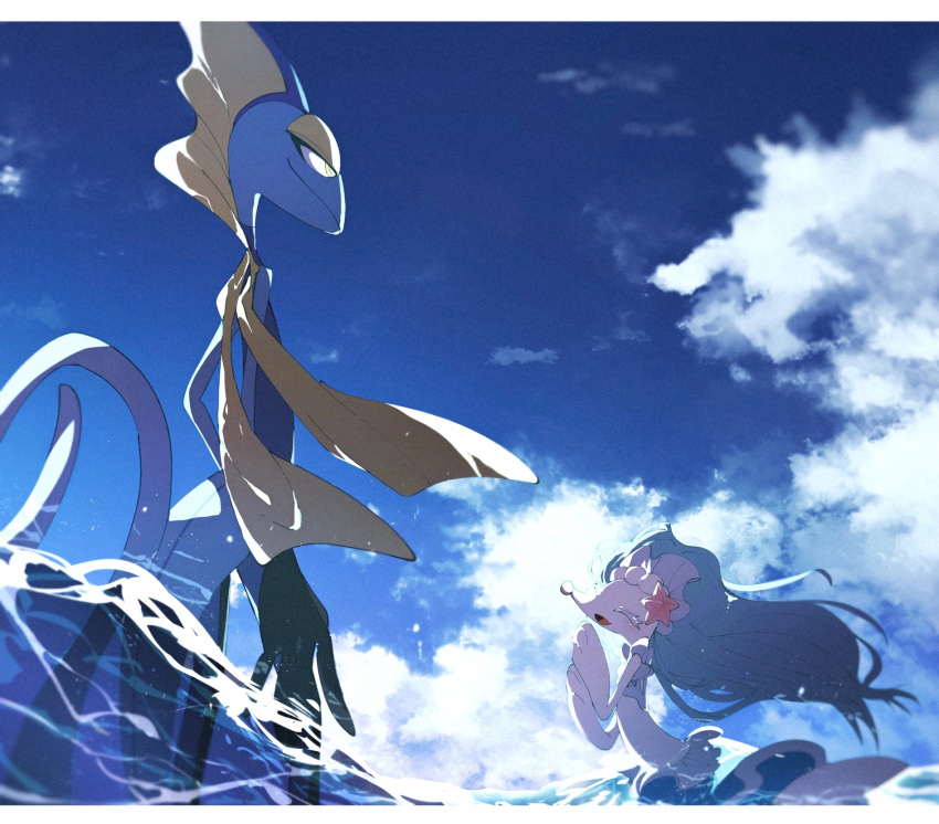 aya_(ayamenora) closed_eyes closed_mouth clouds commentary_request day from_below gen_7_pokemon gen_8_pokemon highres inteleon letterboxed no_humans open_mouth outdoors pokemon pokemon_(creature) primarina sky smile standing tongue water yellow_eyes |d