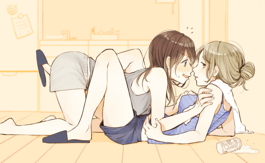 2girls between_thighs blush brown_hair commentary_request eyebrows_visible_through_hair flying_sweatdrops gavienc hand_on_breast highres kitchen light_brown_hair looking_away multiple_girls on_floor open_mouth original parted_lips sink spill wavy_mouth yuri