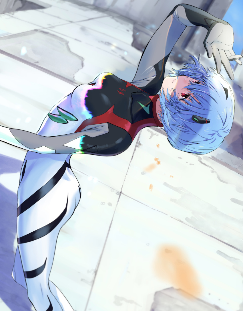 1girl absurdres arched_back ass ayanami_rei blue_hair bodysuit breasts closed_mouth cowboy_shot evangelion:_3.0+1.0_thrice_upon_a_time hair_ornament hand_up highres looking_to_the_side neon_genesis_evangelion plugsuit rebuild_of_evangelion red_eyes ruins sawada2 short_hair small_breasts solo white_bodysuit