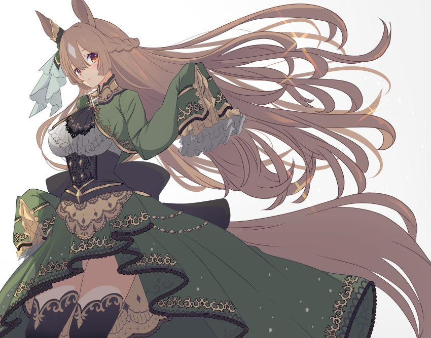 1girl amano_haruka_(sakogamitokuan) animal_ears black_legwear black_neckwear bow breasts brown_hair cowboy_shot dress floating_hair frilled_sleeves frills gem green_bow green_dress hair_bow highres horse_ears horse_girl horse_tail large_breasts long_hair looking_at_viewer red_eyes satono_diamond simple_background sleeves_past_wrists solo sparkle tail thigh-highs umamusume very_long_hair white_background