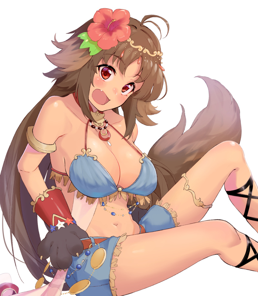 1girl animal_ears blue_swimsuit blush breasts dog_ears flower highres kaori_(princess_connect!) large_breasts long_hair looking_at_viewer open_mouth princess_connect! red_eyes shimon_(31426784) swimsuit