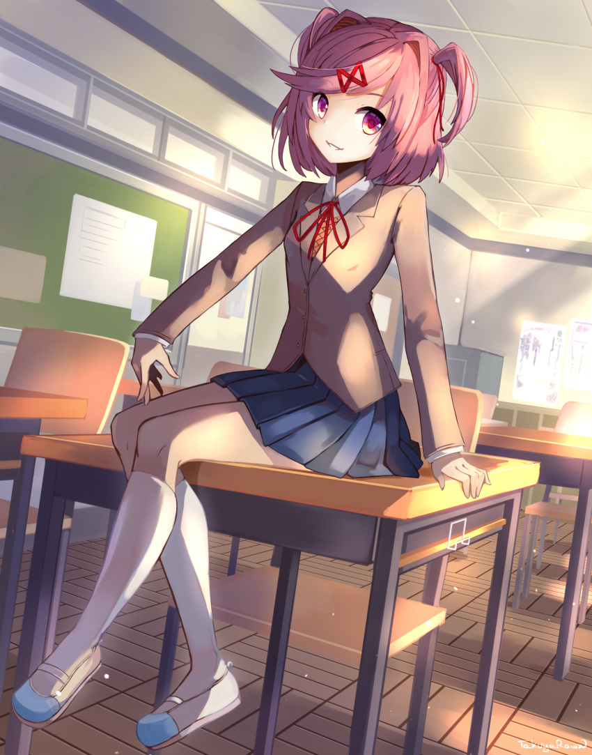 1girl absurdres bangs blue_skirt chair chalkboard classroom commentary day desk doki_doki_literature_club english_commentary full_body grey_jacket hair_ornament hairclip highres indoors jacket kneehighs long_sleeves looking_at_viewer natsuki_(doki_doki_literature_club) on_desk parted_lips pink_eyes pink_hair pleated_skirt school_chair school_desk school_uniform short_hair sitting skirt smile solo swept_bangs takuyarawr two_side_up white_legwear