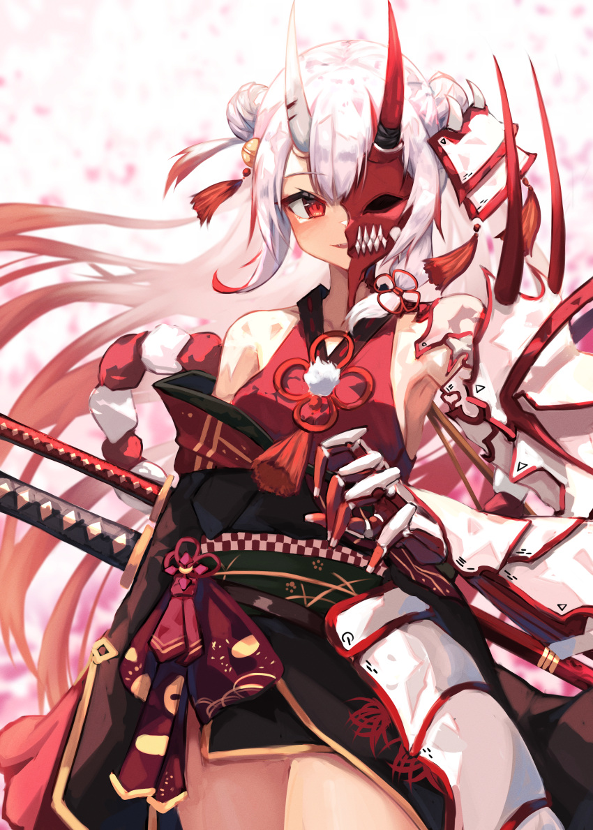 1girl absurdres armor armpits bangs bell black_kimono bow double_bun eyebrows_visible_through_hair fang floral_print flower frilled_sleeves frills gold_trim gradient_hair hair_bell hair_ornament highres hololive horns huge_filesize inre_kemomimi japanese_clothes jingle_bell katana kimono kouhaku_nawa long_hair long_sleeves looking_at_viewer mask mask_on_head multicolored_hair nakiri_ayame obi off-shoulder_kimono oni oni_horns oni_mask open_mouth red_eyes redhead sash sheath sheathed short_kimono sidelocks smile solo spider_lily streaked_hair sword tassel two_side_up virtual_youtuber weapon white_hair wide_sleeves