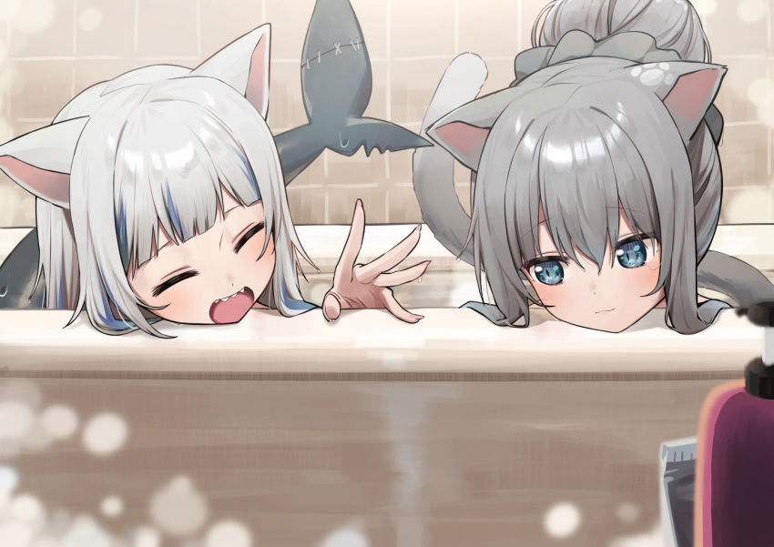 2girls :3 animal_ears bathing bathtub blue_eyes blue_hair cat_ears cat_tail closed_eyes commentary creator_connection fish_tail gawr_gura grey_hair head_rest hololive hololive_english indie_virtual_youtuber long_hair multicolored_hair multiple_girls nacho_(amashiro_natsuki) paw_print ponytail shark_tail sharp_teeth streaked_hair syhan symbol_commentary tail teeth virtual_youtuber white_hair