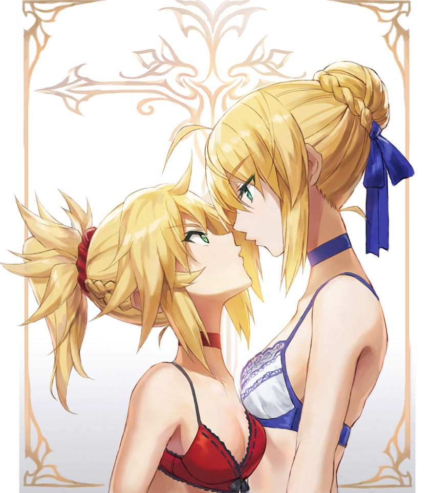 2girls ahoge artoria_pendragon_(all) bangs blonde_hair blue_choker blue_ribbon bra braid braided_bun breasts choker eye_contact eyebrows_visible_through_hair fate/apocrypha fate/grand_order fate/stay_night fate_(series) french_braid green_eyes hair_between_eyes hair_bun hair_ornament hair_ribbon hair_scrunchie height_difference highres long_hair looking_at_another mordred_(fate) mordred_(fate)_(all) multiple_girls photoshop_(medium) ponytail red_bra red_choker red_scrunchie ribbon saber scrunchie sidelocks tonee underwear underwear_only upper_body white_bra
