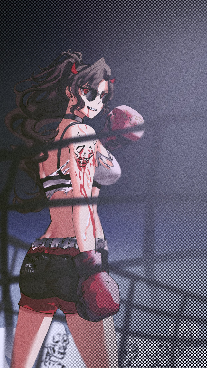 1girl arm_tattoo ass back bangs black_bra black_choker black_shorts blood blood_from_mouth boxing_gloves boxing_ring bra breasts brown_hair choker commentary cowboy_shot demon_horns english_commentary eyebrows_visible_through_hair from_behind grin highres hololive hololive_english horns j-chad long_hair looking_at_viewer looking_back medium_breasts parted_bangs ponytail red_eyes set7 short_shorts shorts skeleton skull_tattoo smile solo sports_bra standing strapless sunglasses tattoo teeth torn_clothes tubetop underwear virtual_youtuber wavy_hair