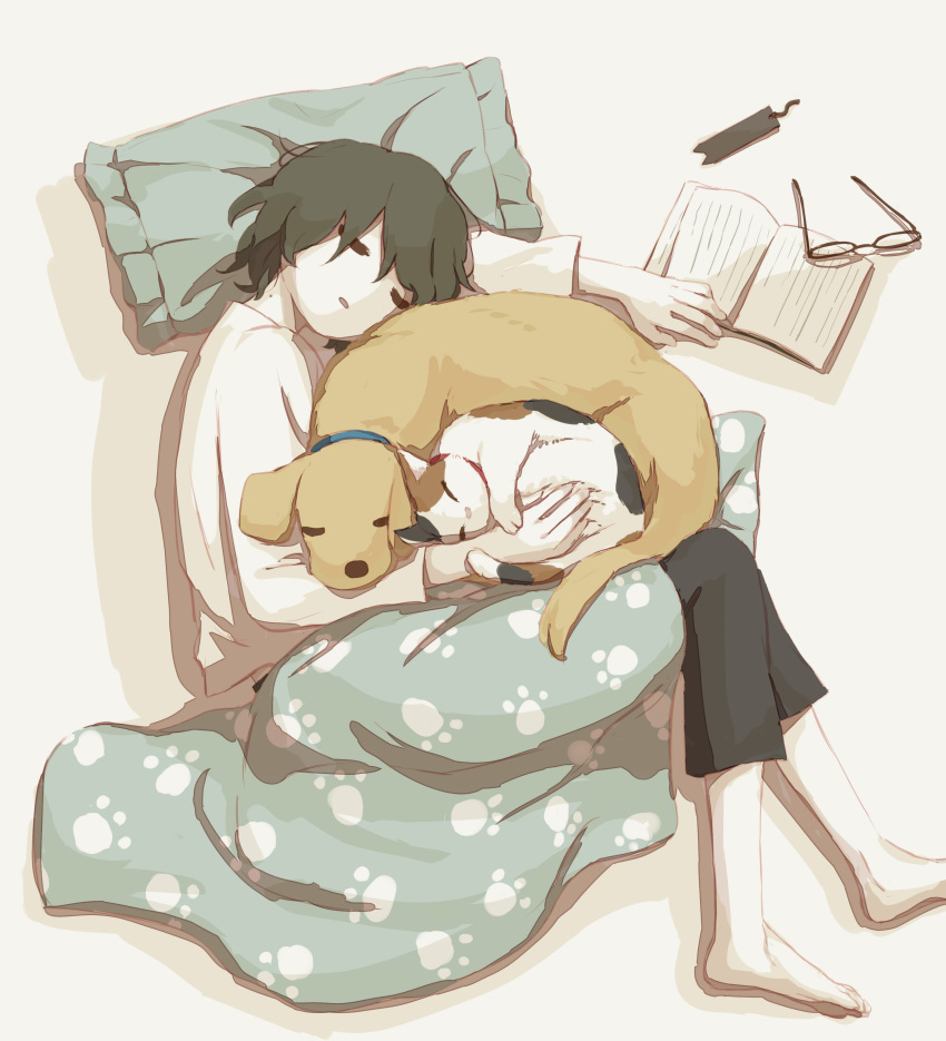 1boy absurdres avogado6 barefoot black_pants book cat dog eyewear_removed from_above green_hair highres long_sleeves lying male_focus on_side open_book original pants parted_lips pillow shirt short_hair sleeping solo white_shirt