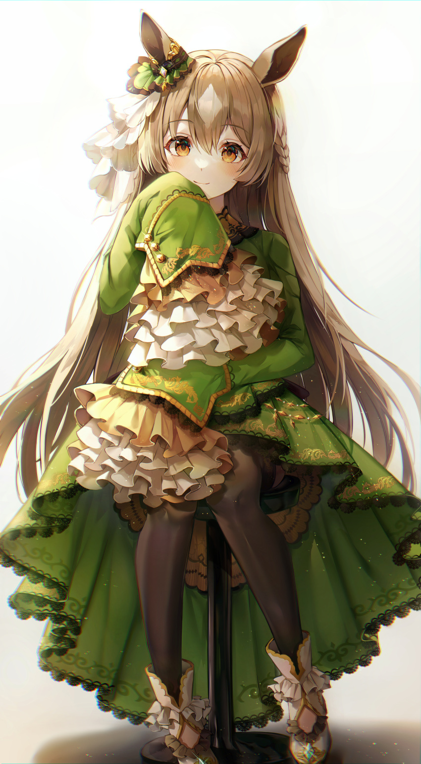 1girl absurdres animal_ears bangs black_legwear blush braid brown_eyes brown_hair closed_mouth commentary dress ear_ribbon eyebrows_visible_through_hair frilled_sleeves frills full_body green_dress hair_between_eyes hand_up highres horse_ears horse_girl huge_filesize light_particles long_hair long_sleeves looking_at_viewer mirage_(rairudiseu) ribbon satono_diamond shoes simple_background sitting sleeves_past_wrists smile solo stool thigh-highs umamusume very_long_hair white_background white_footwear