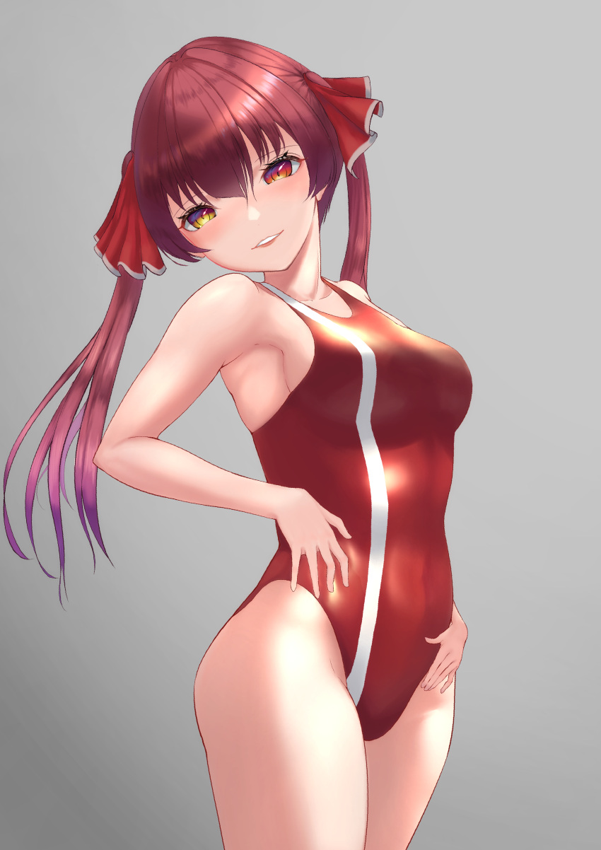 1girl absurdres afe. bangs competition_swimsuit cowboy_shot grey_background hair_ribbon heterochromia highres hololive houshou_marine long_hair looking_at_viewer one-piece_swimsuit red_eyes red_ribbon red_swimsuit redhead ribbon simple_background solo standing swimsuit twintails virtual_youtuber yellow_eyes