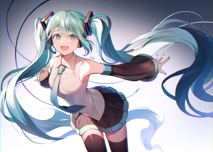 1girl :d absurdres azit_(down) bangs bare_shoulders black_legwear black_skirt black_sleeves blue_neckwear blush breasts collared_shirt commentary detached_sleeves eyebrows_visible_through_hair green_eyes green_hair hair_between_eyes hatsune_miku highres huge_filesize leaning_forward long_hair long_sleeves looking_at_viewer necktie open_mouth pleated_skirt shirt signature skirt sleeveless sleeveless_shirt sleeves_past_wrists small_breasts smile solo thigh-highs twintails very_long_hair vocaloid white_shirt wide_sleeves