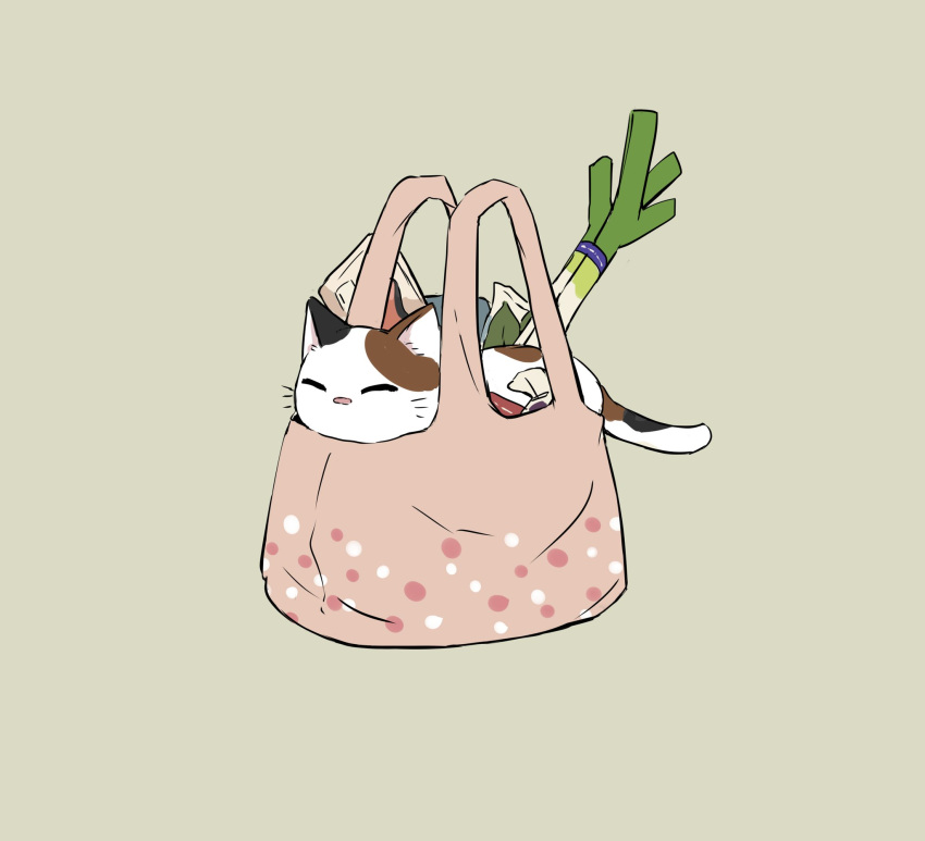 animal_focus avogado6 bag cat closed_eyes highres in_bag in_container no_humans original pink_bag simple_background spring_onion yellow_background