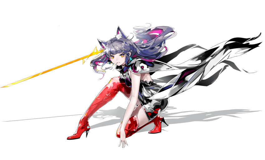 1girl absurdres alternate_costume animal_ear_fluff animal_ears arknights bangs black_dress black_hair boots breasts candy commentary_request dress eyebrows_visible_through_hair food full_body gloves high_heel_boots high_heels highres holding holding_sword holding_weapon jacket lollipop long_hair looking_at_viewer medium_breasts mouth_hold one_knee red_footwear shadow shinnasuka025 solo sword tail texas_(arknights) thigh-highs thigh_boots weapon white_background wolf_ears wolf_girl yellow_eyes