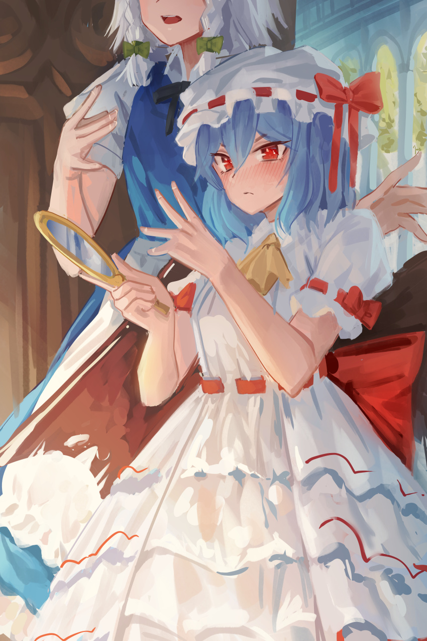 2girls absurdres arch arms_up bat_wings blue_hair blue_skirt blue_vest blush braid commentary cravat dress goback hair_between_eyes hand_mirror hat hat_ribbon head_out_of_frame highres holding holding_mirror indoors izayoi_sakuya layered_dress light_frown looking_at_viewer mirror mob_cap multiple_girls open_mouth puffy_short_sleeves puffy_sleeves red_eyes red_ribbon remilia_scarlet ribbon shirt short_hair short_sleeves silver_hair skirt standing touhou twin_braids upper_teeth vest white_dress white_headwear white_shirt wings yellow_neckwear