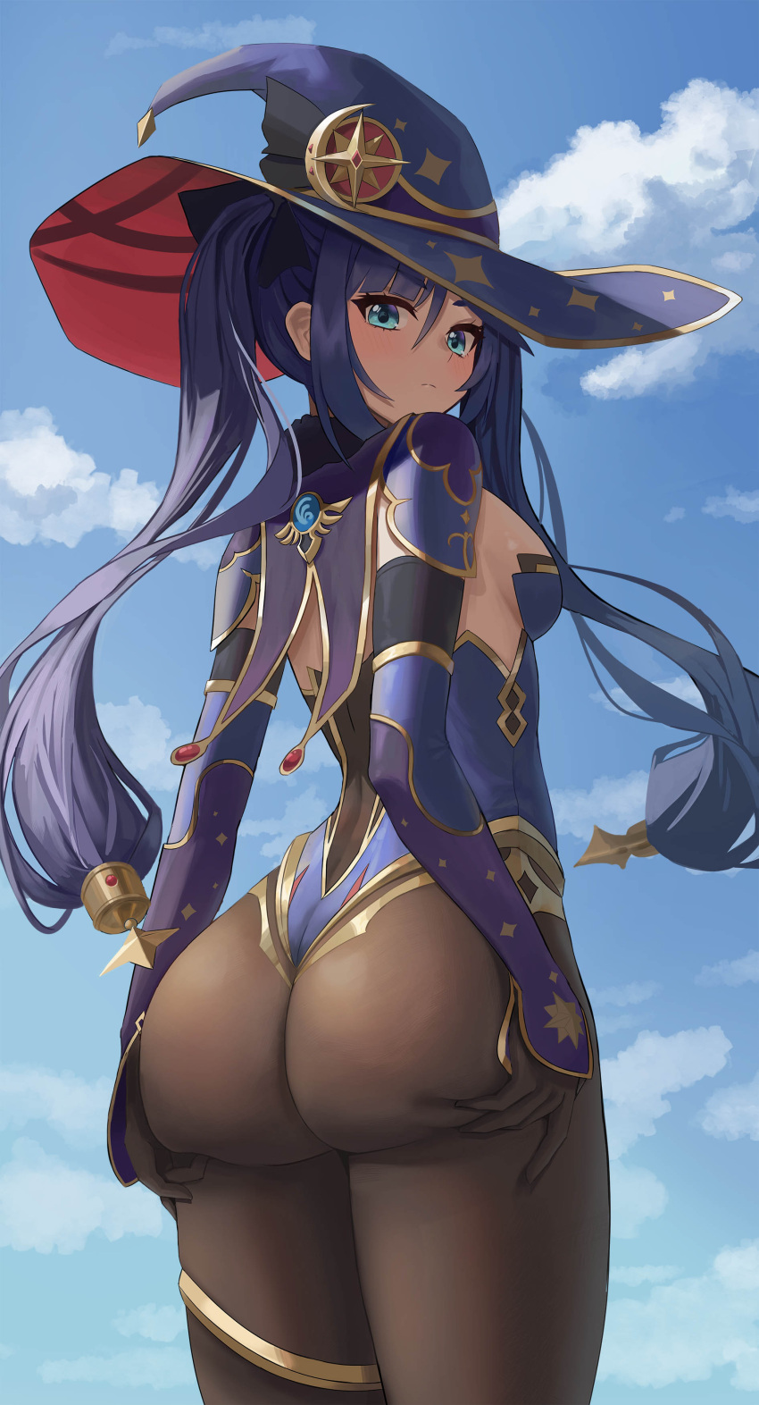 1girl absurdres aqua_eyes ass ass_grab ass_support bangs black_gloves black_hair black_legwear blue_sky breasts clouds cowboy_shot day earrings facing_away genshin_impact gloves hair_ornament hat hat_ornament highres jewelry leotard long_hair looking_at_viewer looking_back medium_breasts mona_megistus onedoo pantyhose purple_headwear sky solo twintails vision_(genshin_impact) witch_hat