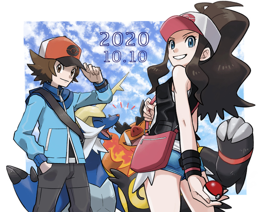 1boy 1girl bag baseball_cap belt_buckle black_shirt black_vest blue_jacket brown_eyes brown_hair buckle closed_mouth clouds dated emboar gen_5_pokemon grey_pants hat high_ponytail highres hilbert_(pokemon) hilda_(pokemon) holding holding_poke_ball holding_strap jacket kokesa_kerokero long_hair long_sleeves pants poke_ball poke_ball_(basic) poke_ball_print pokemon pokemon_(creature) pokemon_(game) pokemon_bw red_headwear samurott shirt short_hair short_shorts shorts shoulder_bag sidelocks sky sleeveless sleeveless_shirt smile vest white_shirt wristband