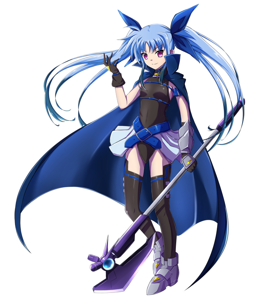 1girl armored_boots black_legwear black_leotard blue_bow blue_cape blue_hair boots bow breasts cape closed_mouth covered_navel floating_hair full_body hair_bow halberd highres holding holding_weapon leotard long_hair lyrical_nanoha mahou_shoujo_lyrical_nanoha mahou_shoujo_lyrical_nanoha_a's mahou_shoujo_lyrical_nanoha_a's_portable:_the_battle_of_aces material-l oshimaru026 polearm red_eyes shiny shiny_hair showgirl_skirt simple_background small_breasts smile solo standing thigh-highs twintails very_long_hair weapon white_background