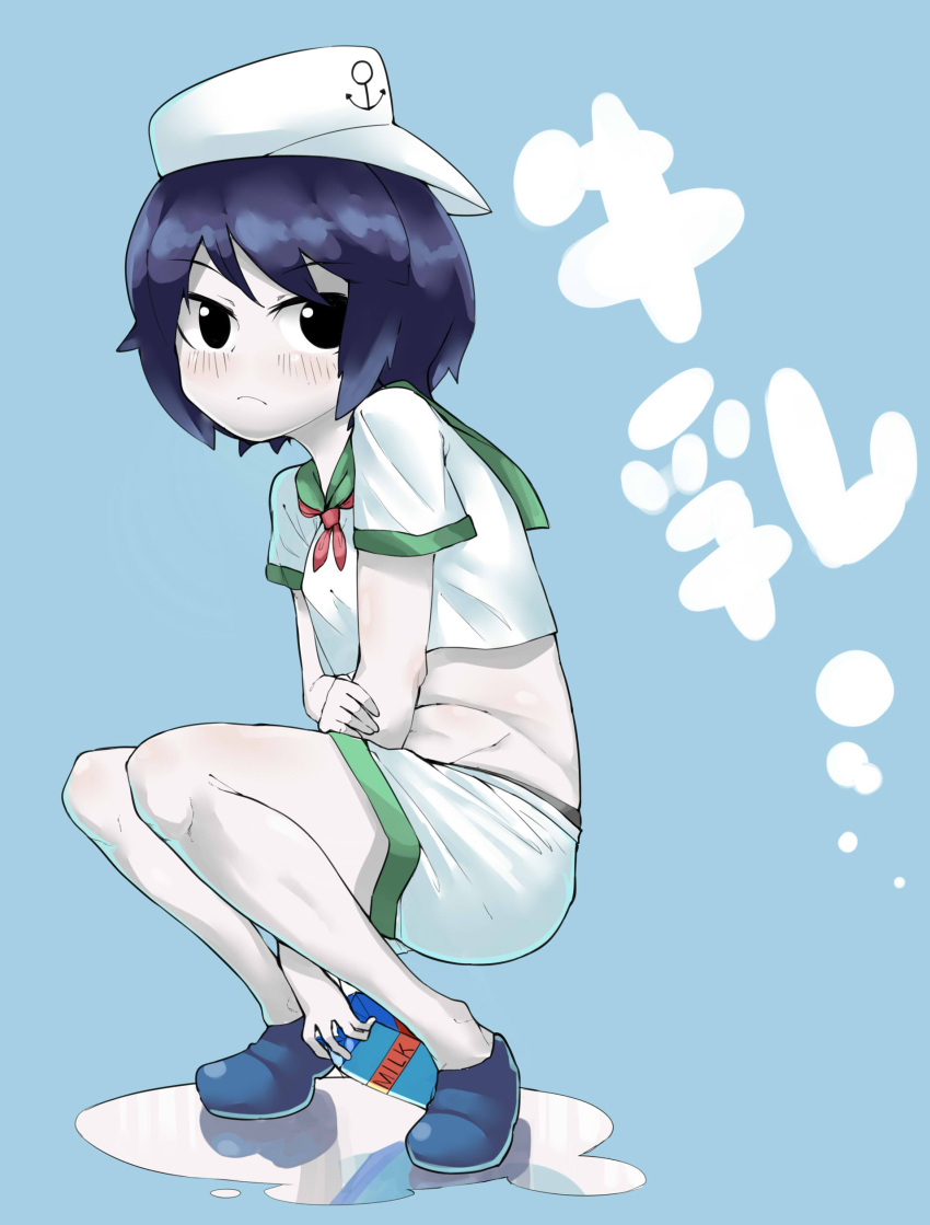 1girl absurdres anchor_symbol bangs black_eyes black_hair blue_background blue_footwear blush closed_mouth colored_skin commentary_request cookie_(touhou) crop_top crossed_arms full_body hat highres holding looking_at_viewer milk milk_(cookie) milk_carton murasa_minamitsu red_neckwear sailor_collar sailor_hat shirt shoes short_hair shorts simple_background solo spilled_milk squatting tottoto_neros touhou white_shirt white_shorts white_skin