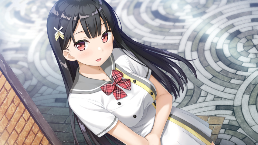 1girl :d bangs black_hair bow bowtie breasts collarbone dress game_cg grey_sailor_collar hair_ornament highres kamisama_no_you_na_kimi_e kantoku kokuhou_rein long_hair looking_at_viewer medium_breasts official_art open_mouth plaid plaid_bow plaid_neckwear pleated_dress red_bow red_eyes red_neckwear sailor_collar sailor_dress school_uniform shiny shiny_hair short_dress smile solo standing straight_hair very_long_hair white_dress