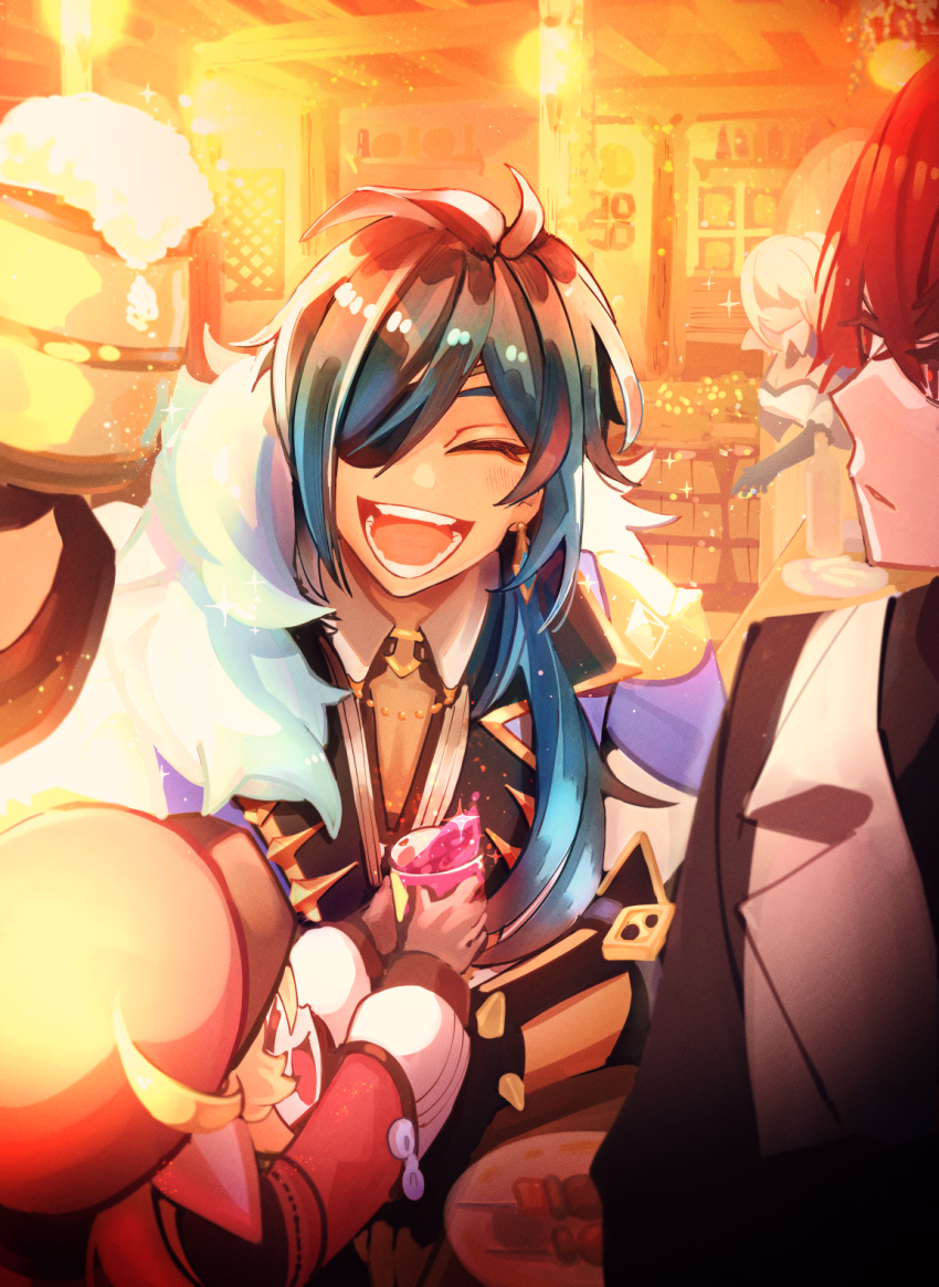 2boys 2girls :d ahoge alcohol bangs beer beer_mug black_gloves black_hair blonde_hair bow brown_gloves cabbie_hat cup diluc_(genshin_impact) drinking_glass enpitsu01 eyebrows_visible_through_hair eyepatch fingerless_gloves food fur_scarf genshin_impact gloves hair_between_eyes hair_bow hair_ribbon hat highres holding jean_(genshin_impact) juice kaeya_(genshin_impact) klee_(genshin_impact) long_hair looking_at_another looking_at_viewer low_twintails mug multiple_boys multiple_girls open_mouth plate pointy_ears ponytail red_eyes redhead ribbon sidelocks smile tavern twintails wooden_cup