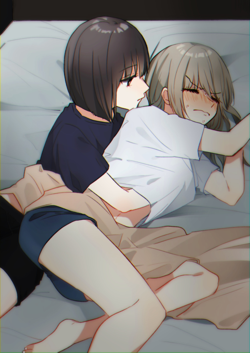 2girls black_hair blush closed_eyes closed_mouth commentary_request eyebrows_visible_through_hair gavienc groping hand_under_clothes highres light_brown_hair long_hair lying multiple_girls navel on_side original short_hair wavy_eyebrows yuri
