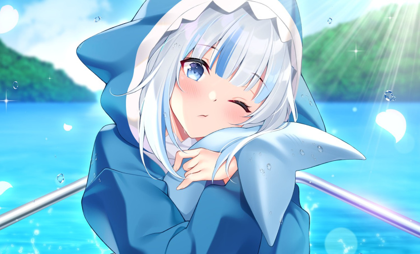 1girl bangs blue_eyes blue_hair blush fish_tail gawr_gura hololive hololive_english looking_at_viewer multicolored_hair one_eye_closed open_mouth shark_tail silver_hair solo streaked_hair tail teeth virtual_youtuber