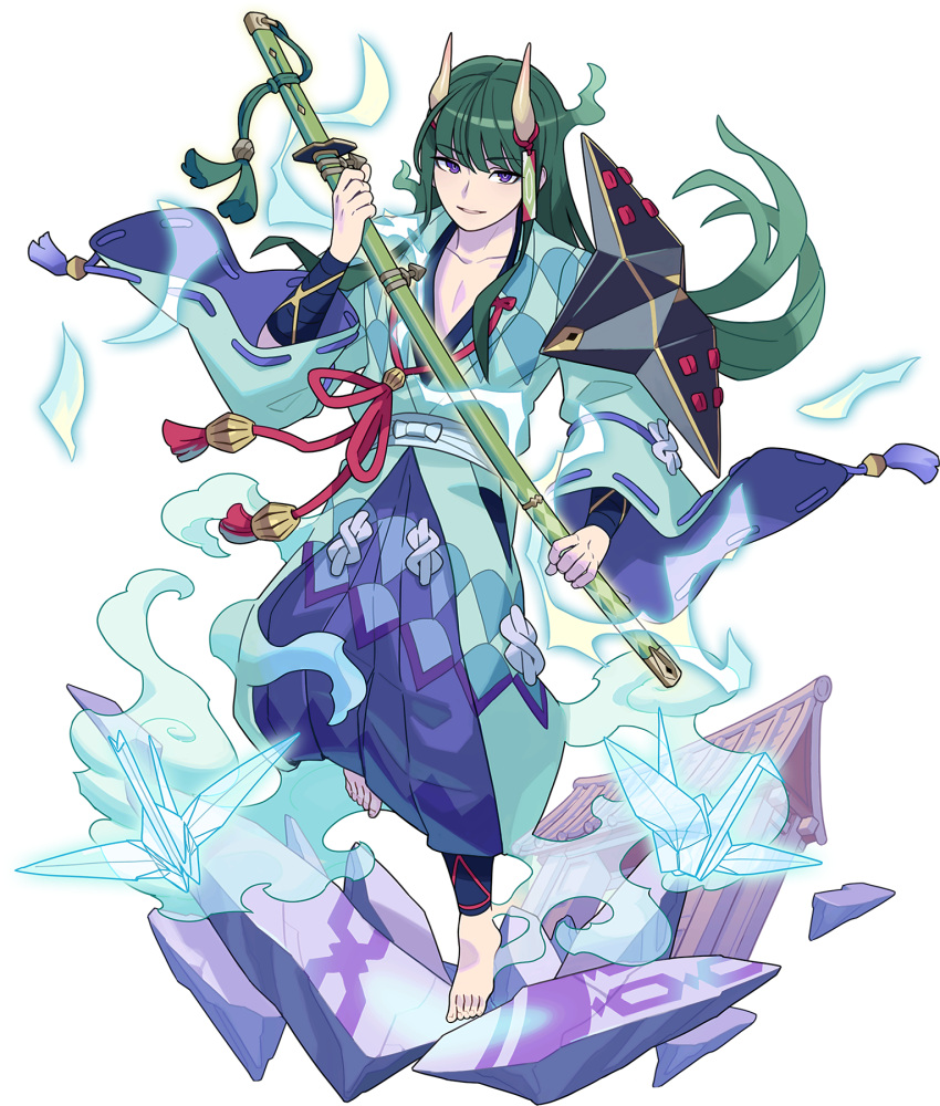 1boy aqua_kimono architecture armor artist_request bangs barefoot blue_legwear blue_pants collarbone east_asian_architecture eyebrows_visible_through_hair eyeshadow feet full_body green_eyeshadow green_hair hakama_pants hand_up happy highres holding holding_sword holding_weapon horns japanese_clothes katana kimono leg_up long_hair long_sleeves looking_at_viewer makeup male_focus murakumo_(world_flipper) non-web_source obi official_art oni oni_horns open_clothes open_kimono open_mouth origami pants paper_crane ribbon-trimmed_sleeves ribbon_trim sash sheath sheathed shoulder_armor sidelocks skin-covered_horns smile smoke solo standing standing_on_one_leg sword tassel transparent transparent_background violet_eyes weapon wide_sleeves world_flipper