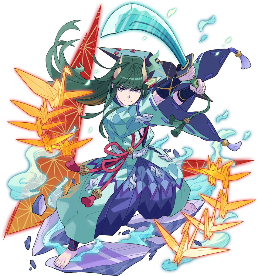 1boy aqua_kimono armor arms_up artist_request bangs barefoot blue_legwear blue_pants closed_mouth eyebrows_visible_through_hair eyeshadow feet fighting_stance full_body green_eyeshadow green_hair hakama_pants highres holding holding_sword holding_weapon horns japanese_clothes katana kimono legs_apart long_hair long_sleeves looking_at_viewer makeup male_focus murakumo_(world_flipper) non-web_source obi official_art oni oni_horns open_clothes open_kimono origami outstretched_arms pants paper_crane ribbon-trimmed_sleeves ribbon_trim sash shoulder_armor sidelocks skin-covered_horns smoke solo standing sword tassel transparent transparent_background v-shaped_eyebrows violet_eyes weapon wide_sleeves world_flipper