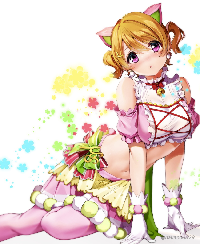 alternate_hairstyle animal_ears breasts brown_hair clip eyebrows_visible_through_hair fake_animal_ears gloves hair_ornament hairclip highres koizumi_hanayo large_breasts looking_at_viewer love_live! love_live!_school_idol_project midriff nakano_maru navel pantyhose pink_eyes pink_legwear short_hair short_twintails sitting twintails twitter_username white_background white_gloves