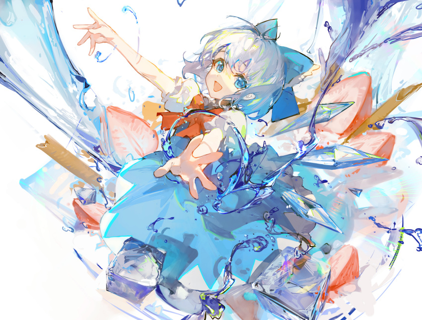 1girl blue_dress blue_eyes blue_hair bow ciloranko cirno dress food fruit hair_bow highres ice ice_cube outstretched_arms short_sleeves smile strawberry touhou water
