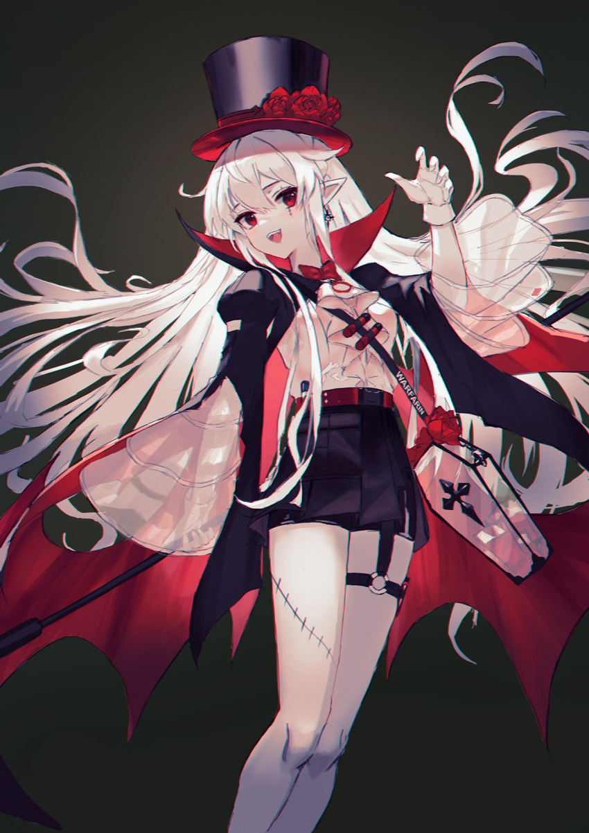 1girl arknights bag bangs belt black_headwear blood blood_bag cape character_name coffin earrings feet_out_of_frame floating_hair flower gloves hand_up hat hat_flower highres holding holding_scythe jewelry long_hair long_sleeves official_alternate_costume open_mouth pale_skin pointy_ears popped_collar red_eyes redstealth satchel scythe shirt shorts solo stitches top_hat vampire warfarin_(arknights) warfarin_(the_feast)_(arknights) white_gloves white_hair white_shirt wide_sleeves
