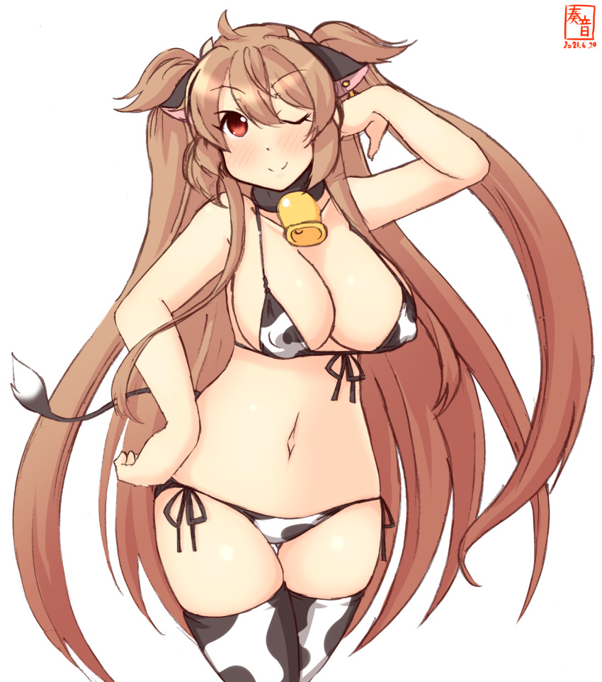 1girl alternate_costume animal_ears animal_print artist_logo bell bikini breasts commentary_request covered_nipples cow_ears cow_horns cow_print cow_tail cowbell cowboy_shot dated ear_tag fake_animal_ears fake_horns front-tie_top gradient_hair heterochromia highres horns kanon_(kurogane_knights) kantai_collection large_breasts light_brown_hair long_hair lowleg lowleg_bikini multicolored_hair murasame_(kancolle) one-hour_drawing_challenge one_eye_closed red_eyes remodel_(kantai_collection) side-tie_bikini simple_background solo swimsuit tail thigh-highs two_side_up white_background white_bikini white_legwear