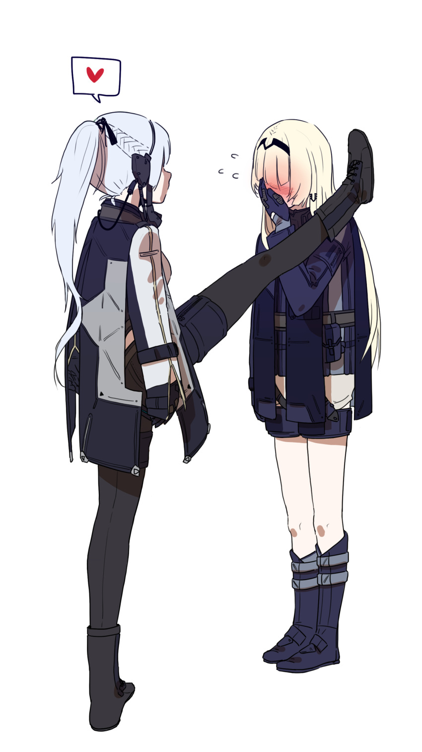 2girls absurdres ak-12_(girls_frontline) an-94_(girls_frontline) blonde_hair blue_hair blush commentary_request covering_mouth flying_sweatdrops girls_frontline heart highres huqu multiple_girls simple_background speech_bubble split spoken_heart standing standing_on_one_leg standing_split white_background yuri